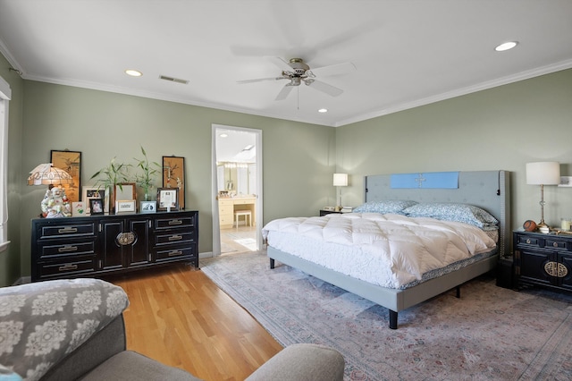 212 N Palisades Dr, Signal Mountain, TN 37377 - bedroom featuring recessed lighting, wood finished floors, crown molding, a ceiling fan, and ensuite bath