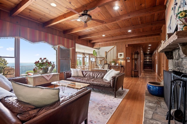 212 N Palisades Dr, Signal Mountain, TN 37377 - living area featuring a wood ceiling with exposed beams, a ceiling fan, wood walls, wood finished floors, and stairs