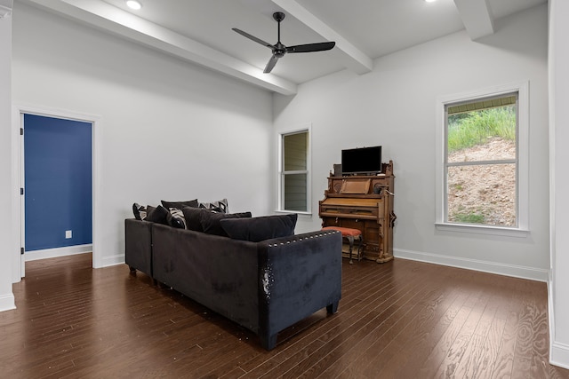 living room featuring beamed ceiling, dark hardwood / wood-style floors, and ceiling fan