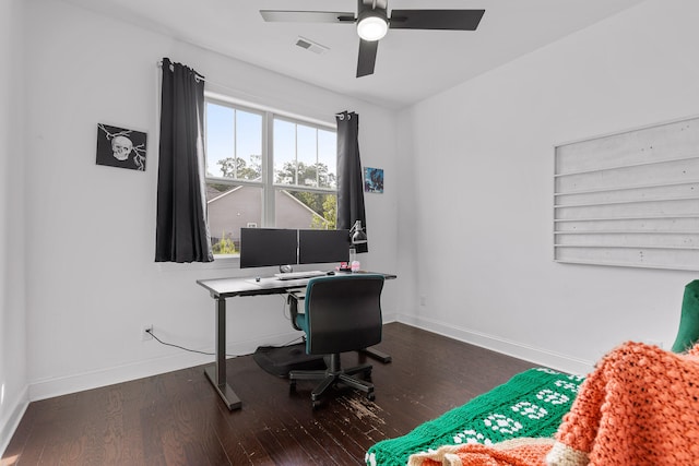 home office featuring dark hardwood / wood-style floors and ceiling fan