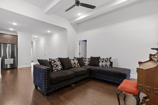 living room with beam ceiling, ceiling fan, dark hardwood / wood-style flooring, and ornamental molding