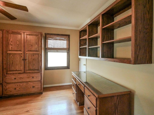 624 Pinecrest Dr, Athens, TN 37303 - unfurnished office with light wood-style floors, baseboards, a ceiling fan, and crown molding