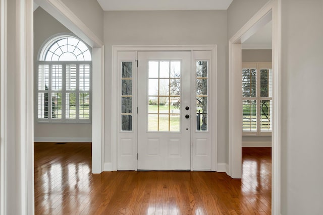 foyer entrance with a wealth of natural light, baseboards, and wood-type flooring