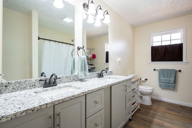 bathroom featuring vanity, toilet, wood-type flooring, and a textured ceiling