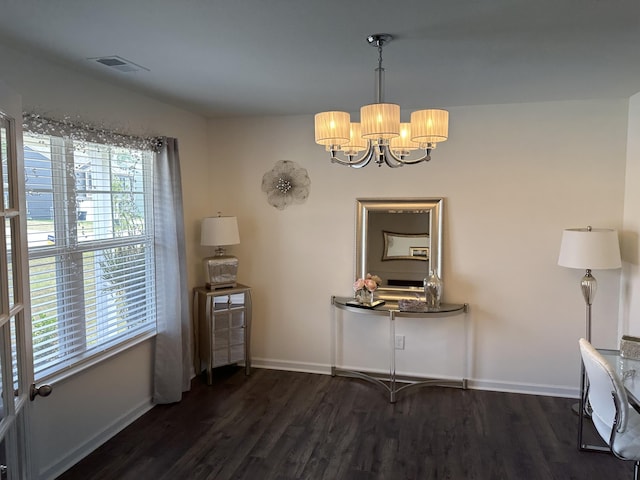 119 Lindsell Rd, Athens, TN 37303 - dining space with a chandelier, baseboards, a healthy amount of sunlight, and dark wood-type flooring