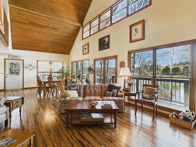 living room featuring wooden ceiling, wood-type flooring, high vaulted ceiling, and a notable chandelier