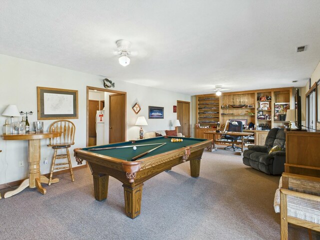 rec room featuring baseboards, visible vents, pool table, a textured ceiling, and carpet floors