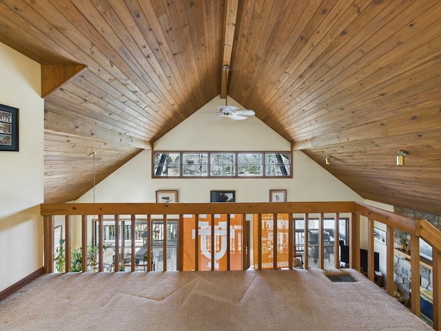 bonus room with ceiling fan, high vaulted ceiling, wooden ceiling, baseboards, and carpet