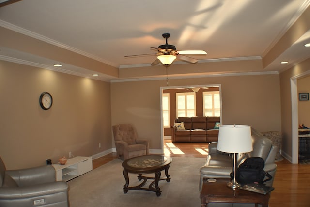 living area featuring crown molding, a raised ceiling, and wood finished floors