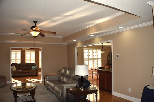 living area with baseboards, a raised ceiling, plenty of natural light, and ornamental molding