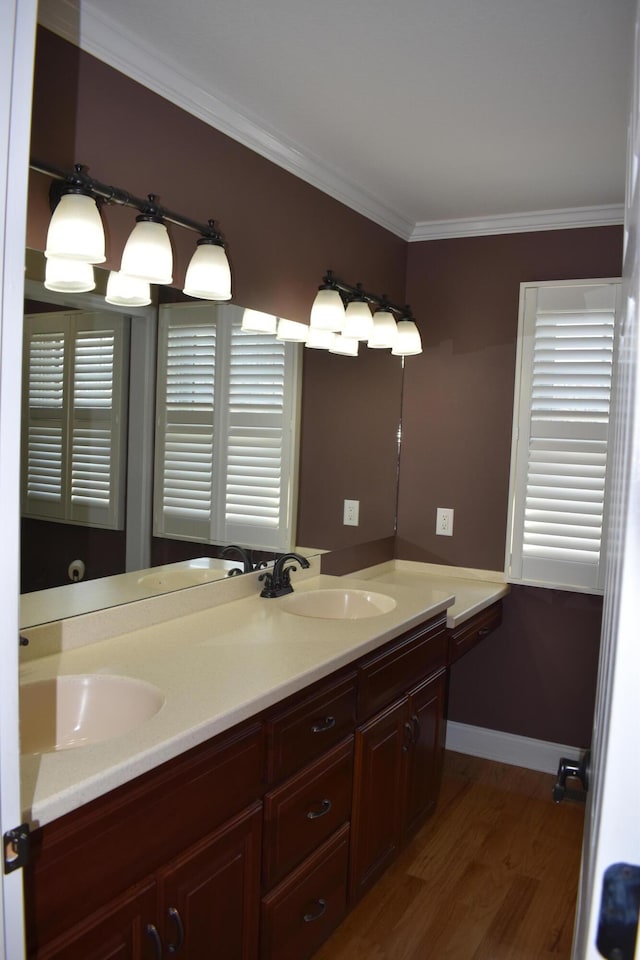 bathroom featuring double vanity, wood finished floors, crown molding, and a sink