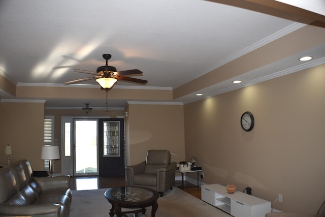 living room with recessed lighting, ceiling fan, and ornamental molding