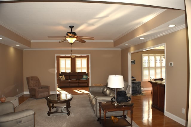 living room featuring a wealth of natural light, baseboards, a tray ceiling, and wood finished floors