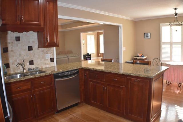 kitchen with light wood-style flooring, a sink, stainless steel dishwasher, a peninsula, and crown molding