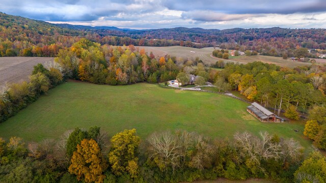 drone / aerial view featuring a mountain view and a rural view