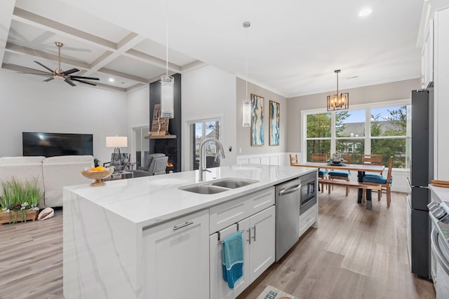 kitchen featuring white cabinets, a center island with sink, sink, and stainless steel appliances