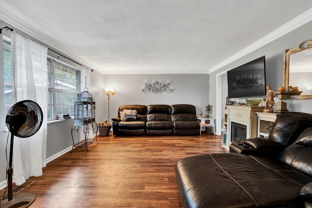 living room with hardwood / wood-style flooring, ornamental molding, and a textured ceiling