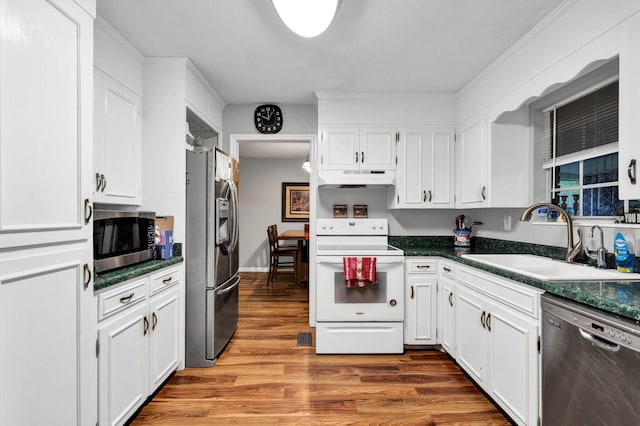 kitchen featuring white cabinetry, sink, wood-type flooring, and stainless steel appliances