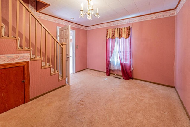 interior space with crown molding, baseboards, carpet, stairway, and an inviting chandelier