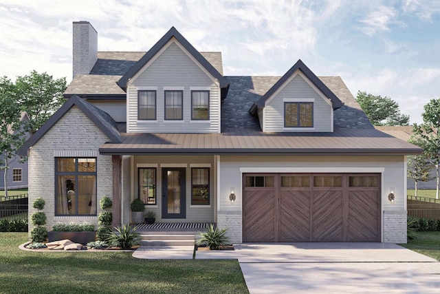 view of front of home featuring a front lawn, a porch, and a garage