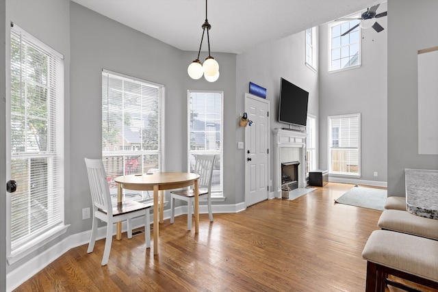 1905 Igou Crossing Dr, Chattanooga, TN 37421 - dining area with wood finished floors, baseboards, ceiling fan, and a fireplace with flush hearth