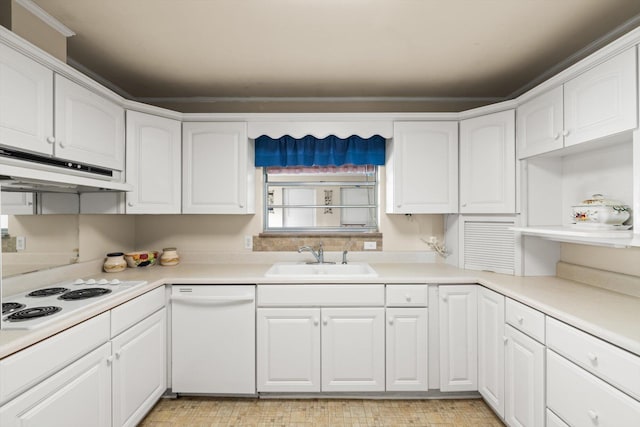 kitchen with white cabinets, white appliances, sink, and ornamental molding