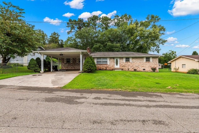 single story home featuring a front yard and a carport