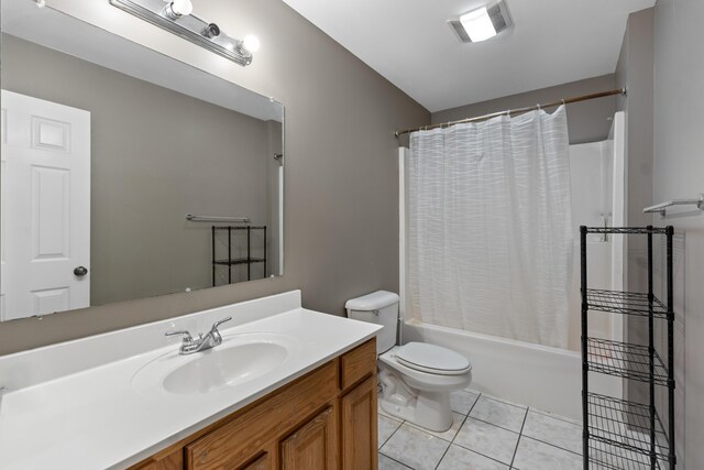 full bath with visible vents, toilet, tile patterned floors, vanity, and shower / bathtub combination with curtain