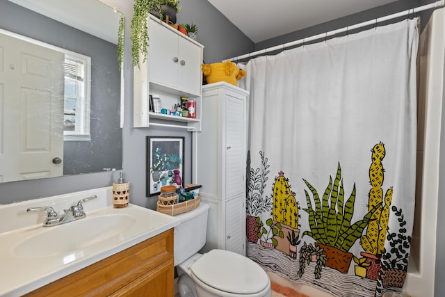 full bathroom with a shower with curtain, toilet, and vanity
