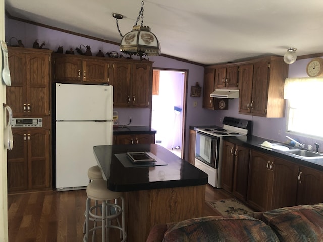 kitchen with a sink, under cabinet range hood, dark countertops, range with electric stovetop, and freestanding refrigerator