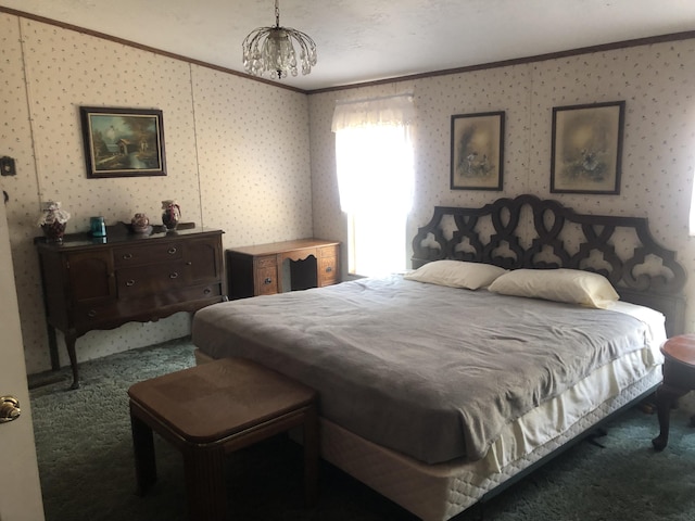 bedroom featuring carpet floors, crown molding, and wallpapered walls