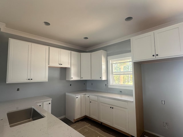 kitchen featuring white cabinets, light stone countertops, sink, and dark wood-type flooring