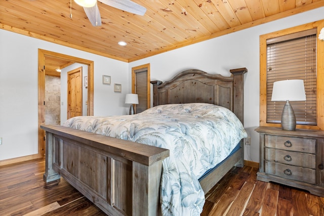bedroom featuring dark wood-type flooring, ornamental molding, baseboards, and wooden ceiling