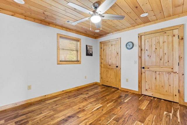 unfurnished bedroom with a ceiling fan, visible vents, wood ceiling, wood finished floors, and baseboards