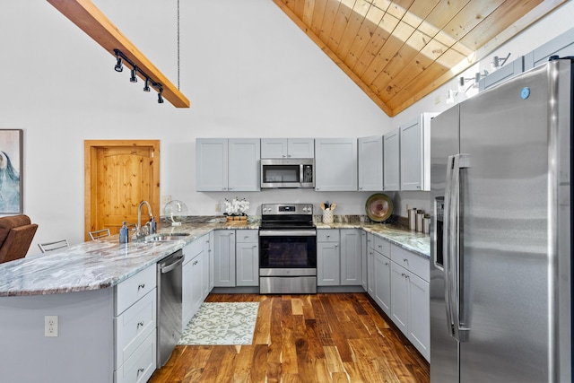 kitchen featuring high vaulted ceiling, light stone counters, a peninsula, stainless steel appliances, and a sink