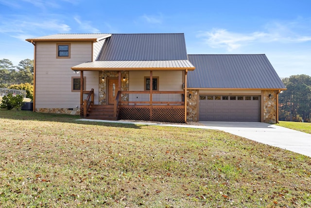 modern inspired farmhouse featuring driveway, stone siding, an attached garage, a front lawn, and a porch