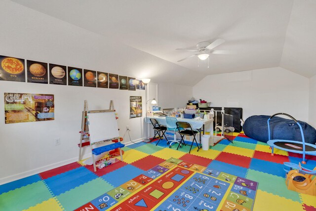 596 Clifty Creek Rd, Oakdale, TN 37829 - playroom featuring vaulted ceiling, a ceiling fan, and baseboards
