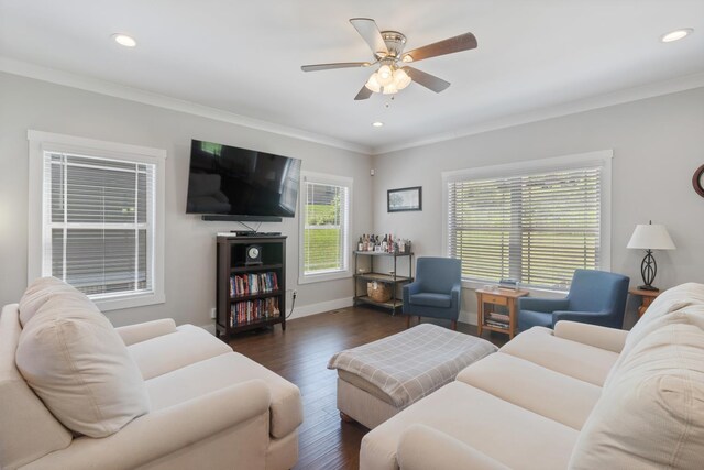 131 Winesap Way SW, Cleveland, TN 37311 - living room featuring ceiling fan, dark wood-style floors, crown molding, recessed lighting, and baseboards