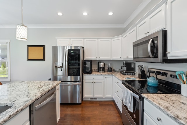 131 Winesap Way SW, Cleveland, TN 37311 - kitchen with stainless steel appliances, crown molding, white cabinets, dark wood-style flooring, and recessed lighting