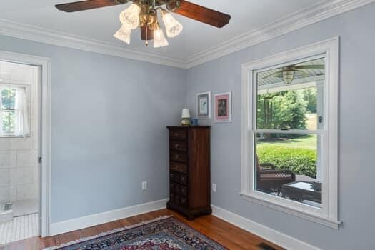 doorway to outside featuring hardwood / wood-style flooring, ceiling fan, and ornamental molding