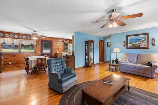 living room featuring ceiling fan and light hardwood / wood-style floors