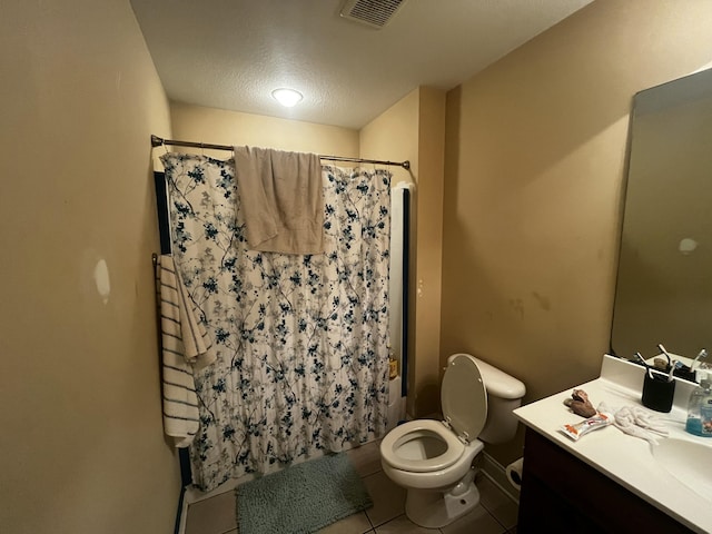 full bathroom with visible vents, a shower with curtain, toilet, tile patterned flooring, and vanity