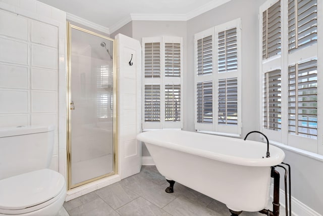 bathroom featuring toilet, separate shower and tub, and crown molding