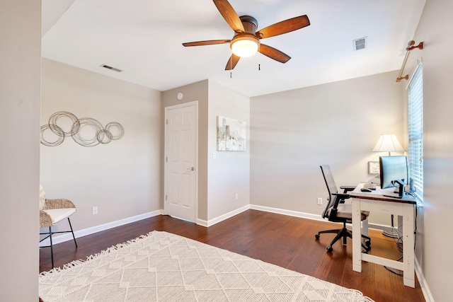 home office featuring dark hardwood / wood-style floors and ceiling fan