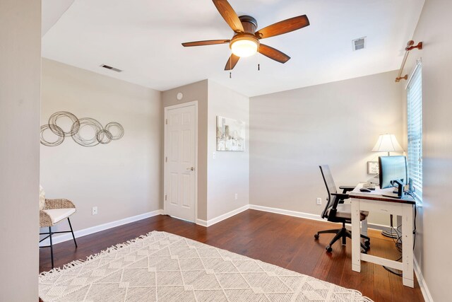 home office featuring dark hardwood / wood-style floors and ceiling fan