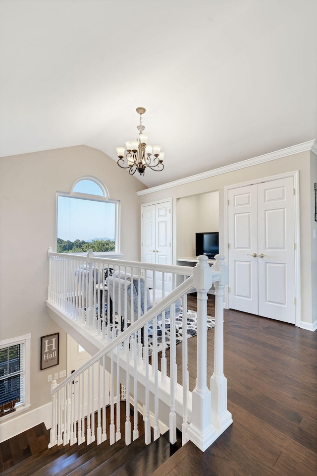 staircase with hardwood / wood-style floors, a notable chandelier, ornamental molding, and vaulted ceiling