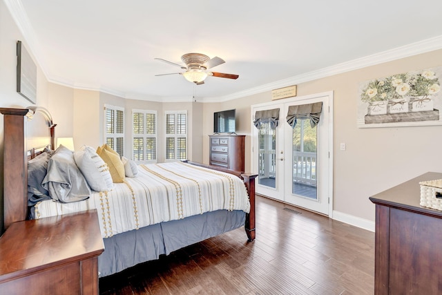 bedroom featuring french doors, access to outside, ceiling fan, crown molding, and dark wood-type flooring