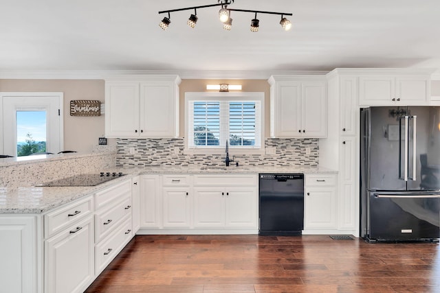 kitchen with sink, plenty of natural light, dark wood-type flooring, and black appliances