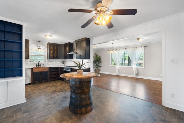 kitchen featuring wall chimney range hood, hanging light fixtures, decorative backsplash, dark hardwood / wood-style flooring, and stainless steel appliances