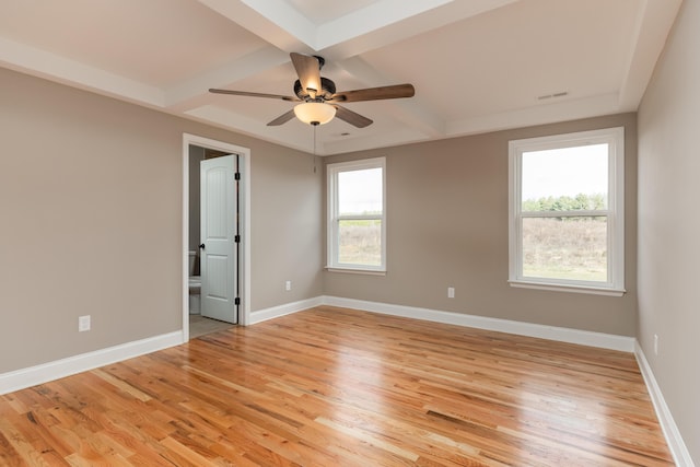 empty room with ceiling fan, beamed ceiling, light hardwood / wood-style floors, and coffered ceiling